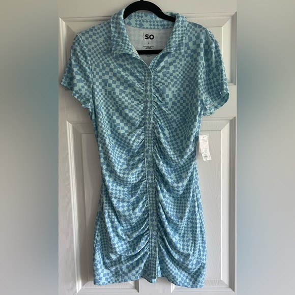 NWT 60’s Retro Style SO Checkered Aqua Periwinkle Shirred Polo Mini Dress - Picture 2 of 6